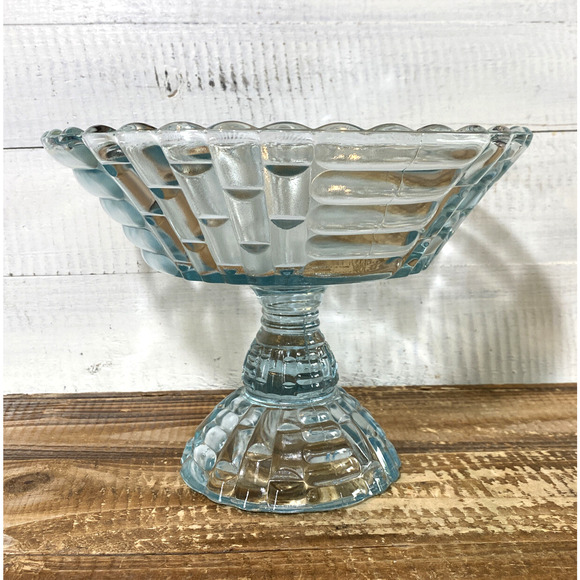 Vintage 1950's Jeannette Glass Louisa Star Lite Blue Footed Compote Bowl 9" Dia - Picture 2 of 12